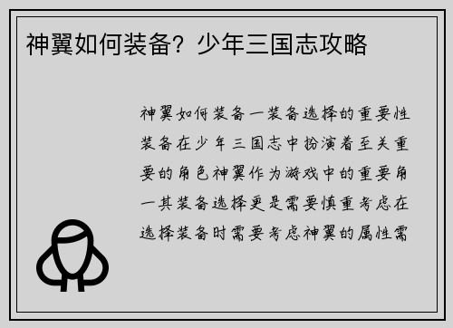 神翼如何装备？少年三国志攻略
